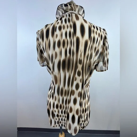 East 5th Semi-Sheer Spotted Print Ruffled High Collar Blouse, sz. MD - Picture 3 of 13